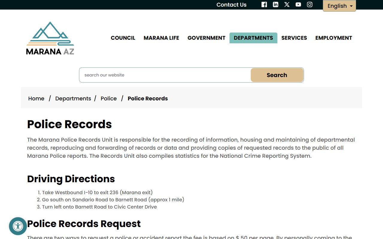 Marana Arizona Police Department records request page for released inmates