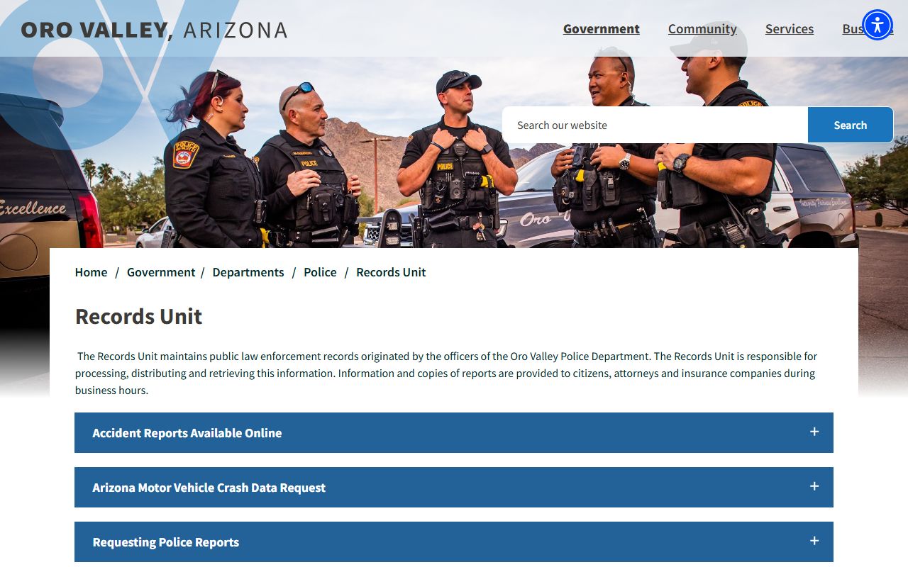 Oro Valley Arizona police records unit page for released inmates