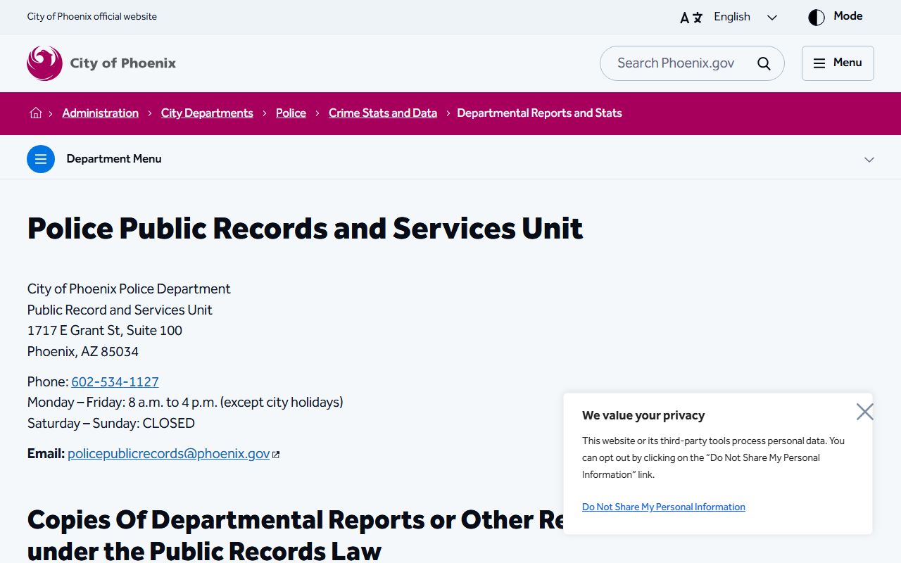 Phoenix Police Department public records page for released inmates