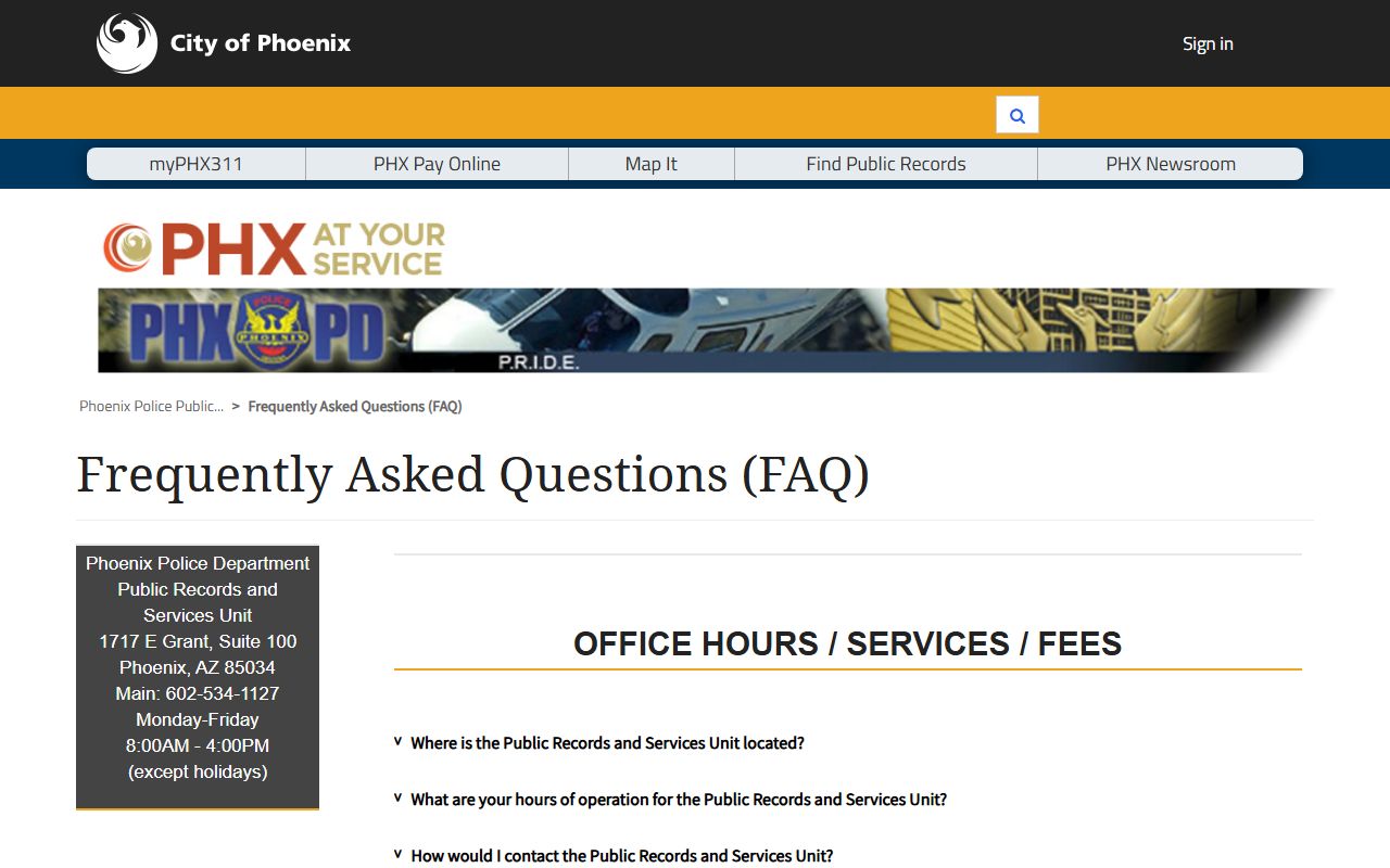 Phoenix Police FAQ page for records requests and released inmates