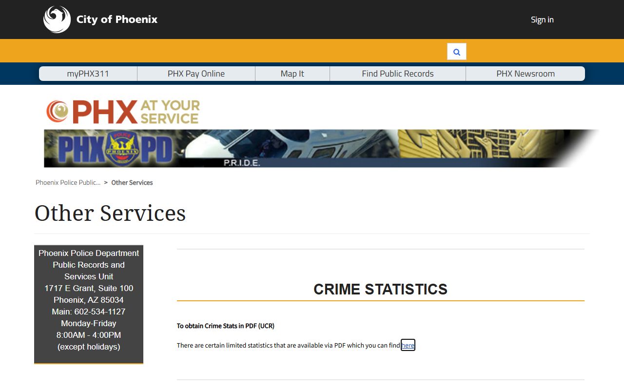 Phoenix Police other services page for record requests