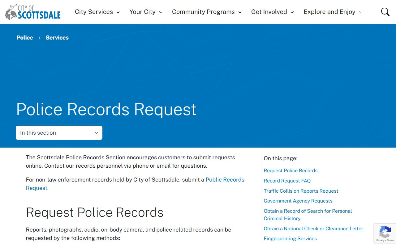 Scottsdale Police Department records request page for released inmate information