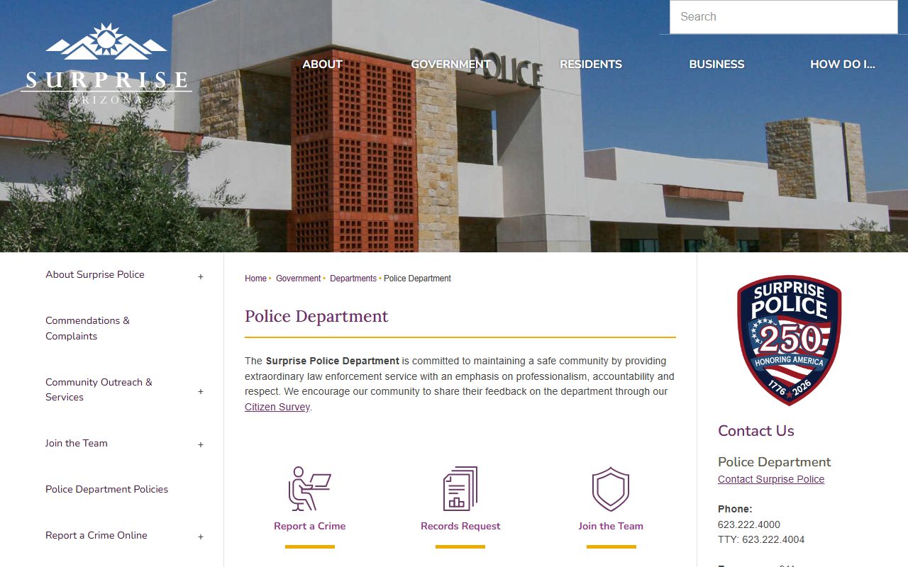 Surprise Police Department main page for released inmate information