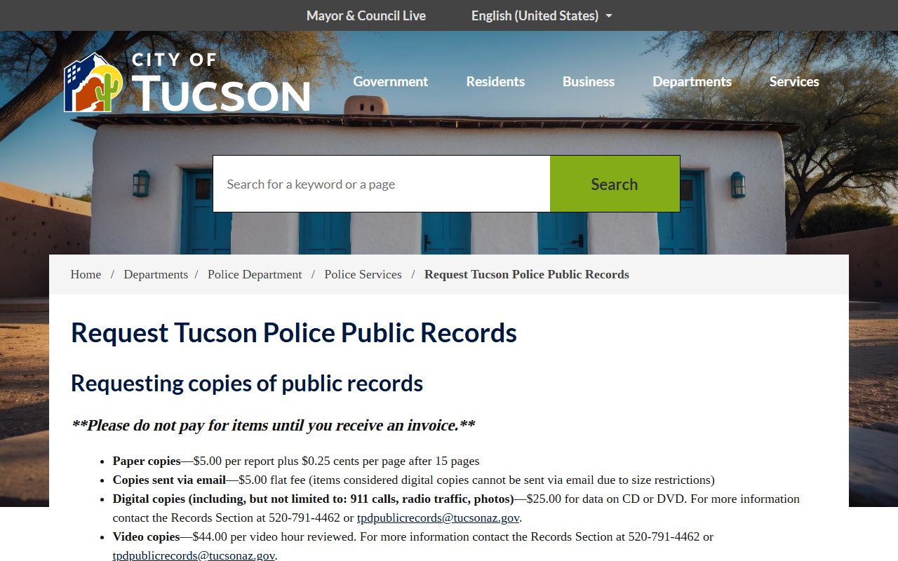 Tucson Arizona police public records request page for released inmates