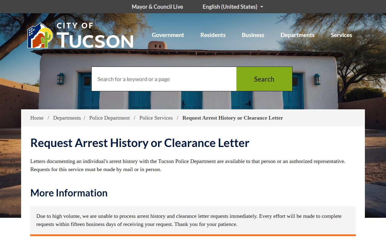Tucson Arizona arrest history and clearance letter request page