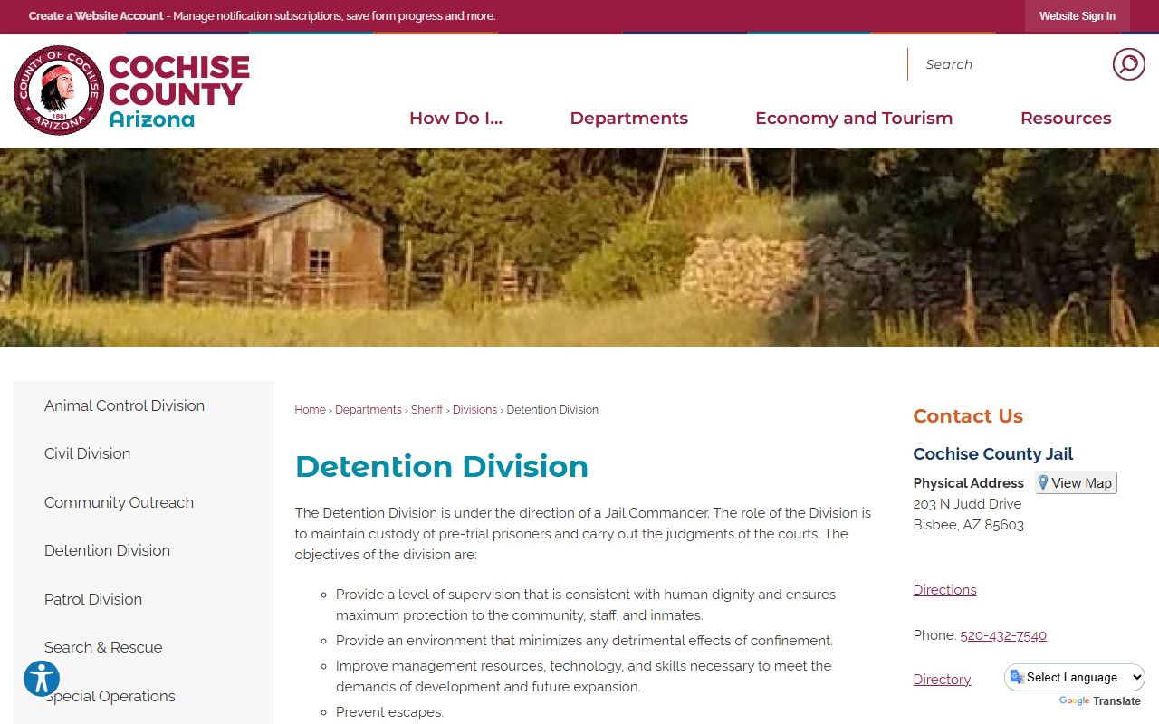 Cochise County Detention Division information page