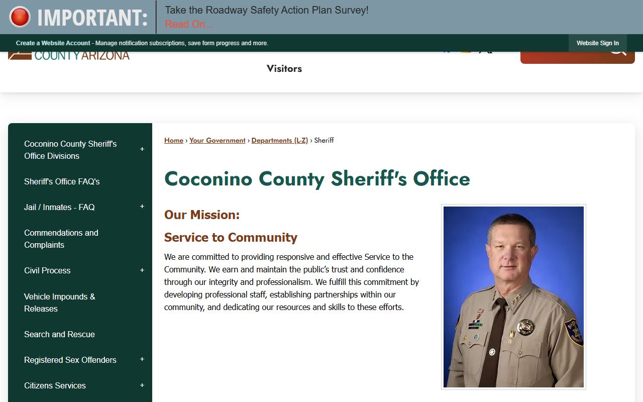 Coconino County Sheriff's Office main page for released inmate records