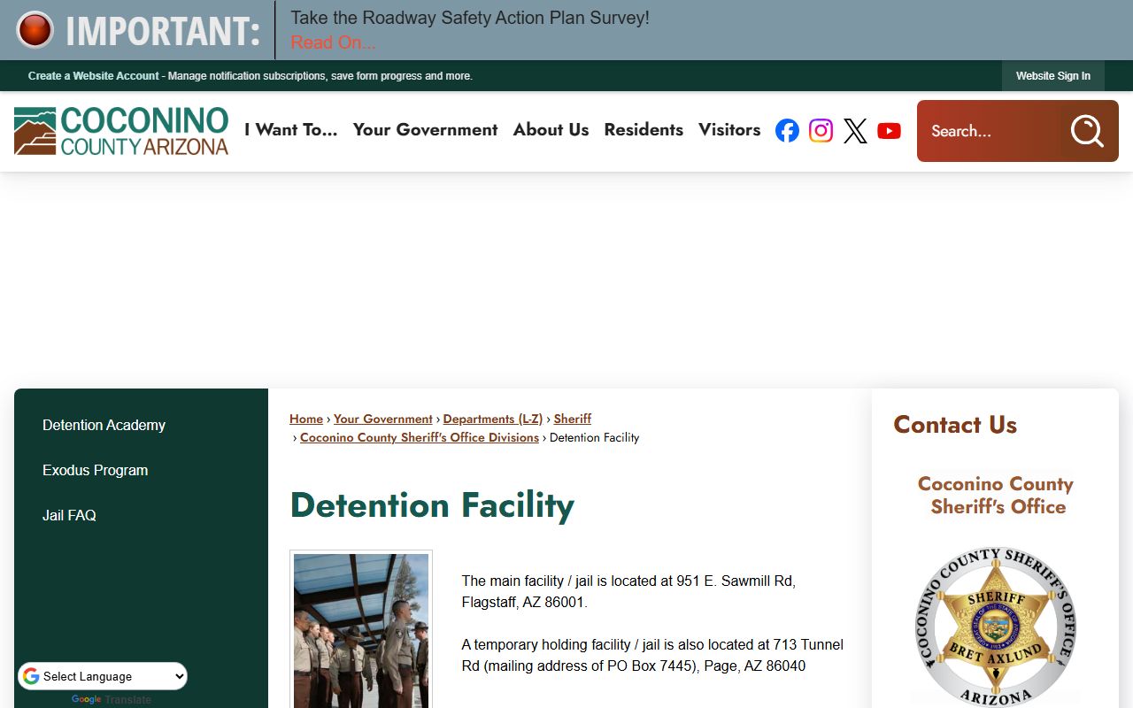 Coconino County Detention Facility information page for inmate records