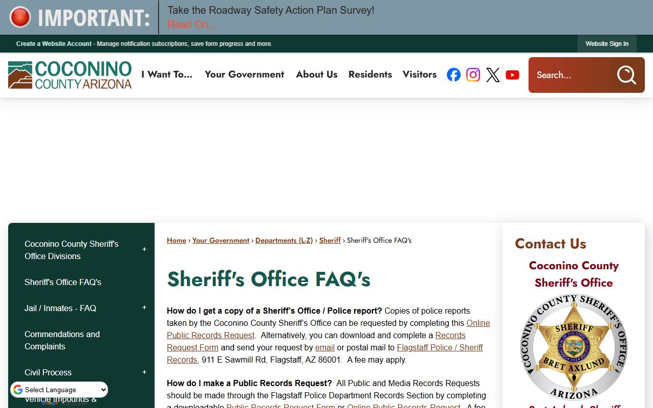 Coconino County Sheriff's Office FAQ page about released inmate records and background checks