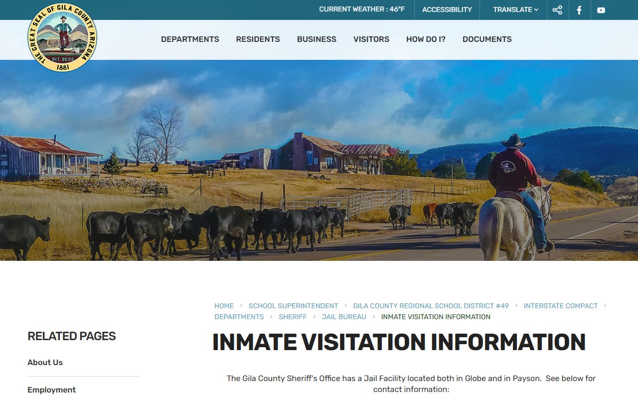 Gila County jail visitation information page showing video visit details