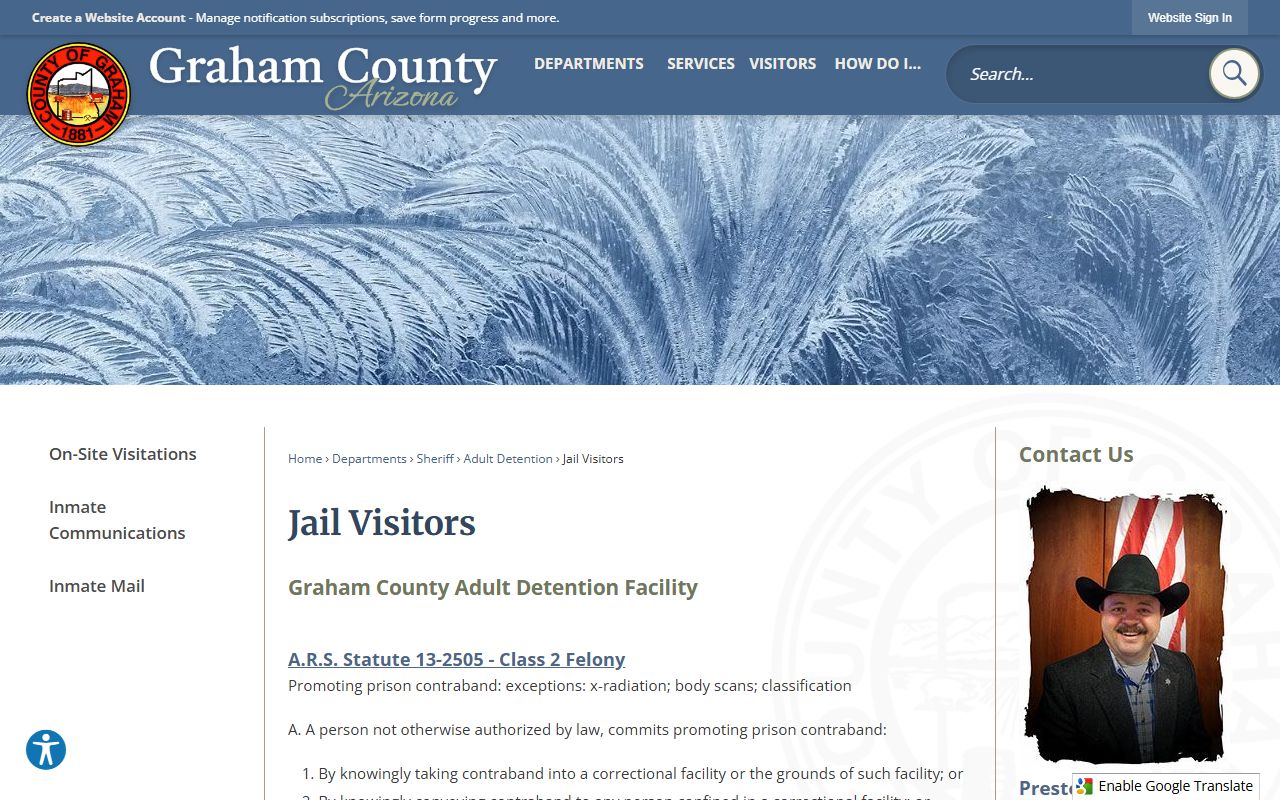 Graham County Arizona jail visitors information page for released inmates