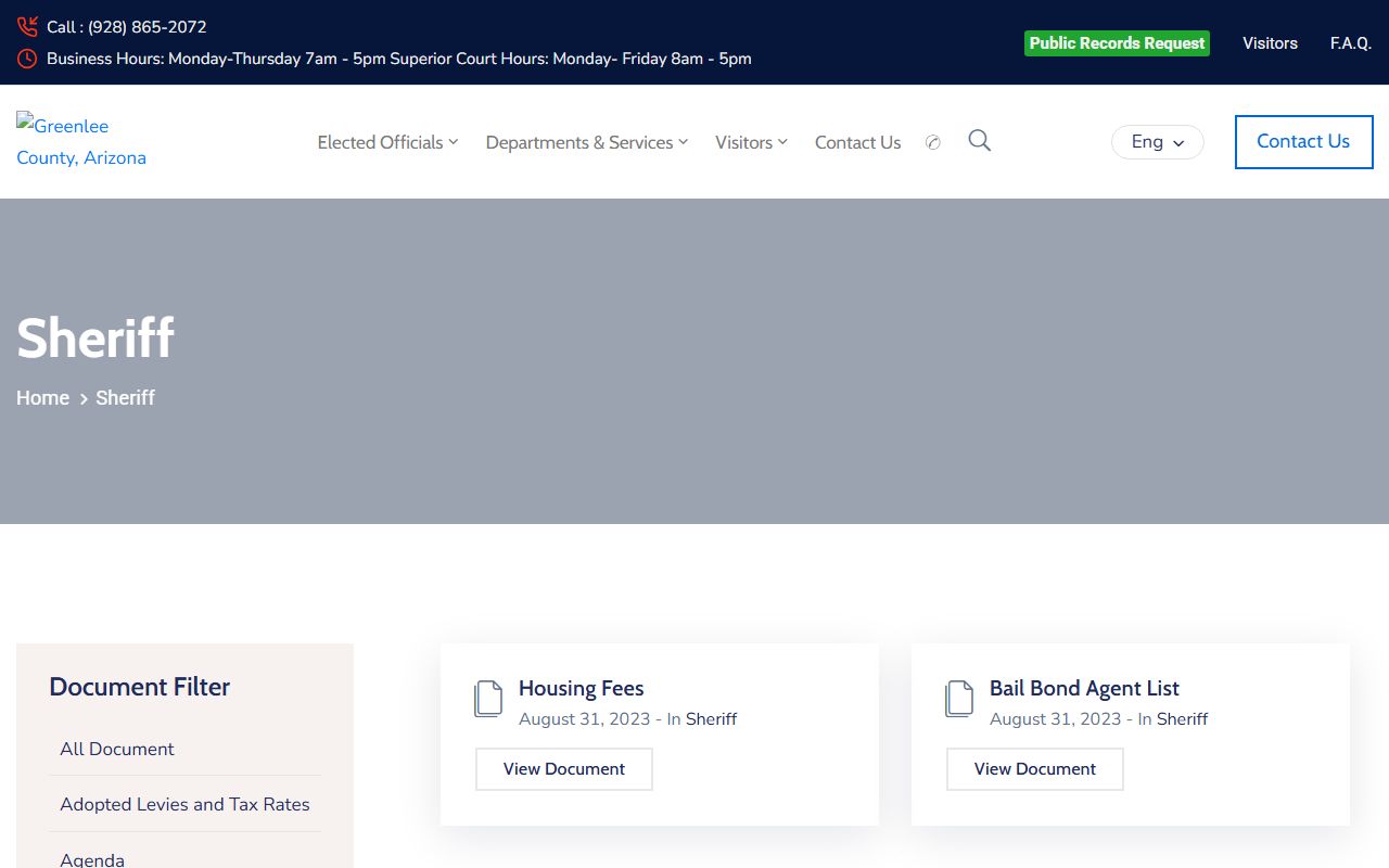 Greenlee County Sheriff Office documents page for released inmate records