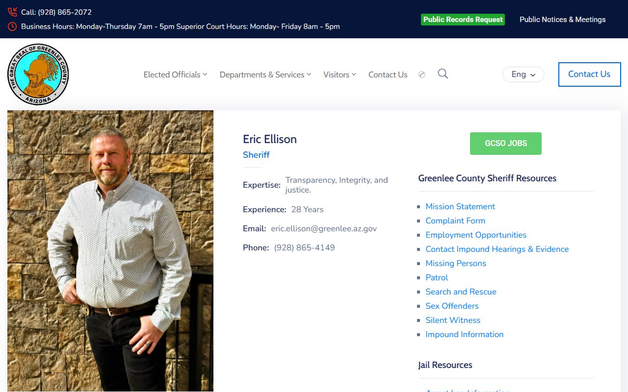 Sheriff Eric Ellison contact page for Greenlee County released inmate records