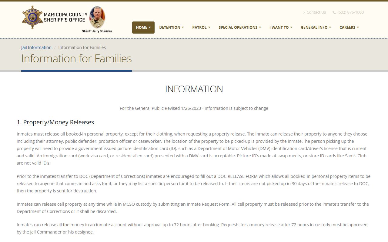 Maricopa County MCSO family information page for released inmates