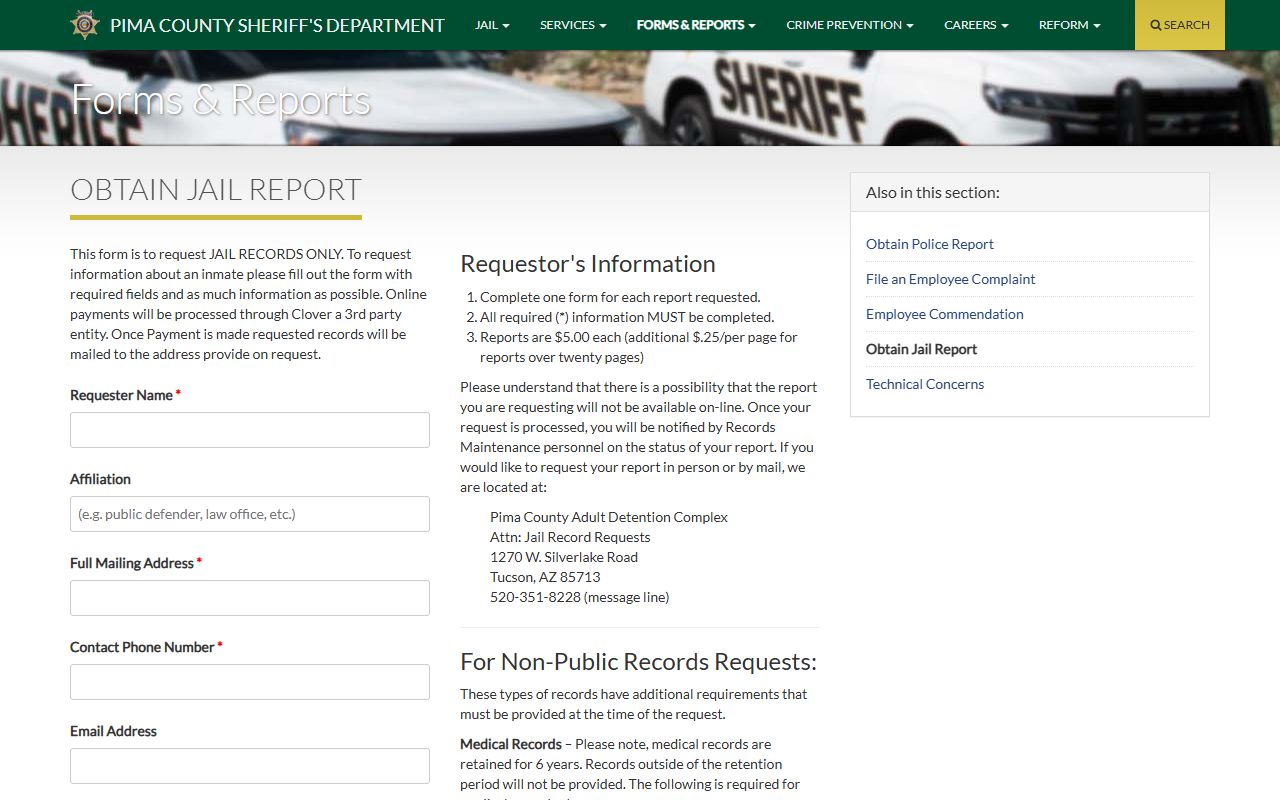 Pima County Arizona jail records request page for released inmates