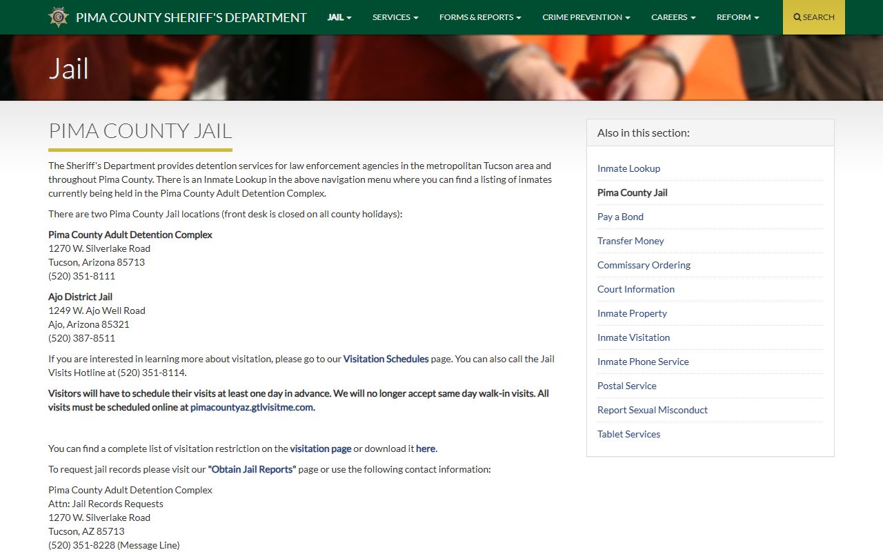 Pima County Arizona jail information page for released inmates