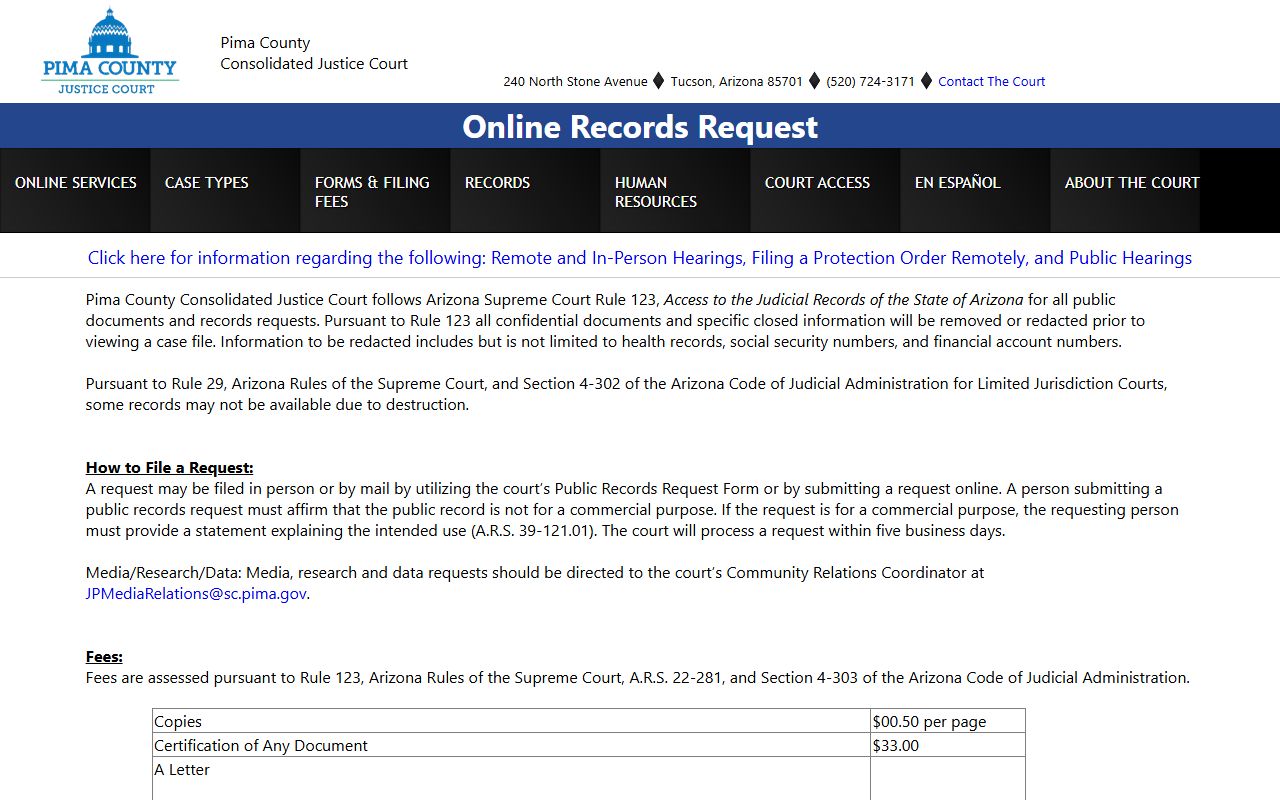 Pima County Arizona Justice Court records request form
