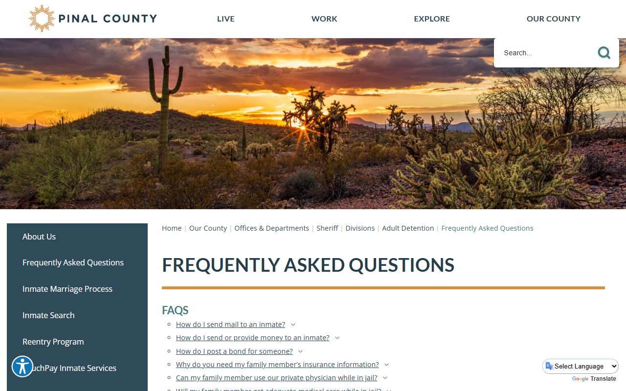 Pinal County Detention Center frequently asked questions page