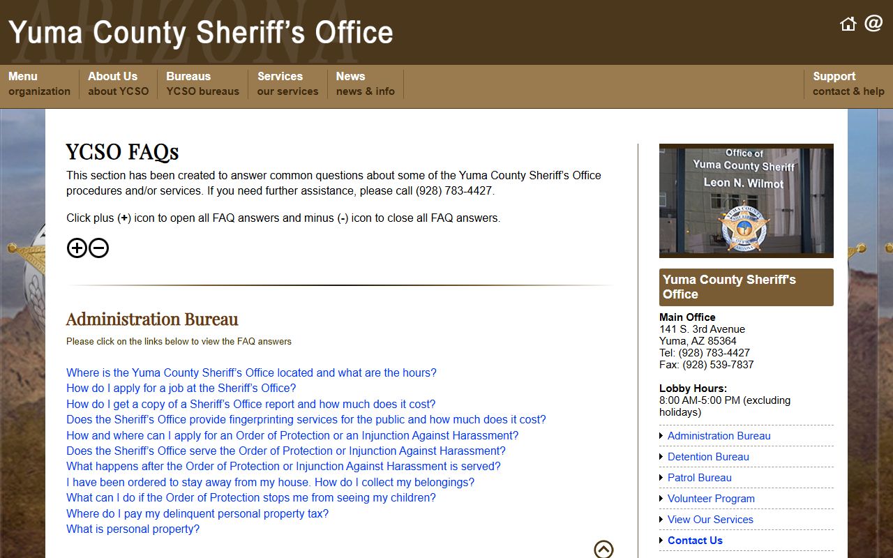 Yuma County Arizona Sheriff FAQ page for released inmate records
