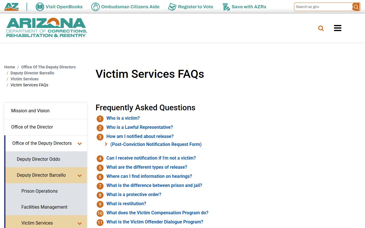 Arizona ADCRR victim services FAQ page