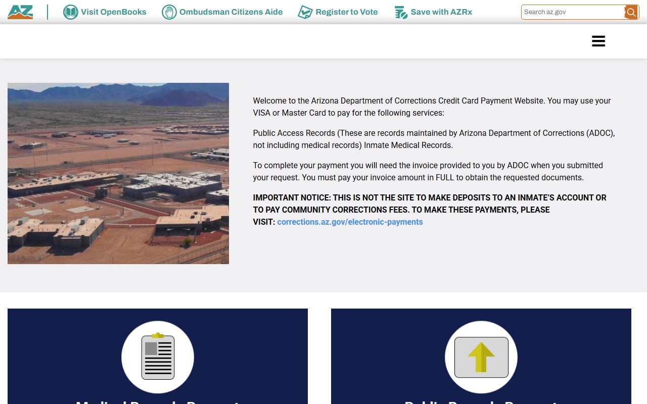Arizona ADCRR payment portal for records requests