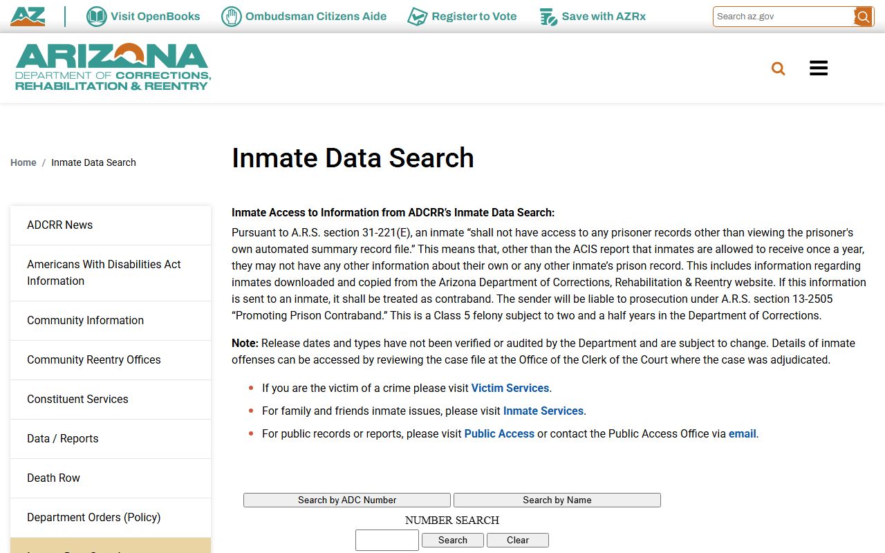 Arizona ADCRR inmate search information page