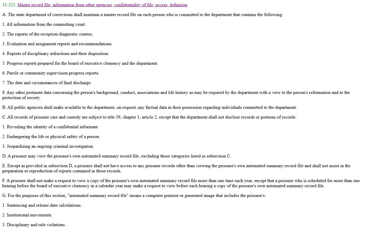 Arizona inmate records statute 31-221